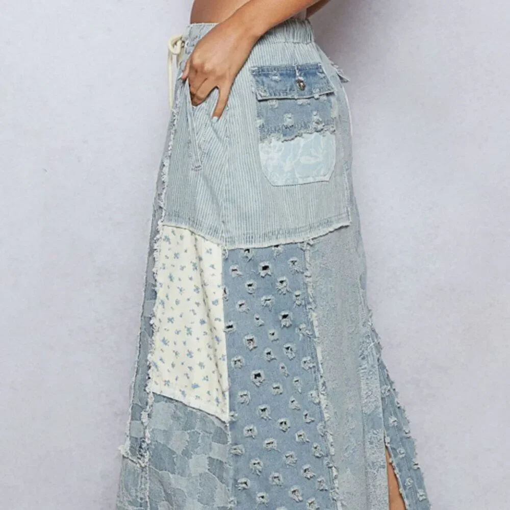 POL Clothing Floral Pattern Denim Patchwork Maxi Skirt (M & L) NEW! - Picture 2 of 11
